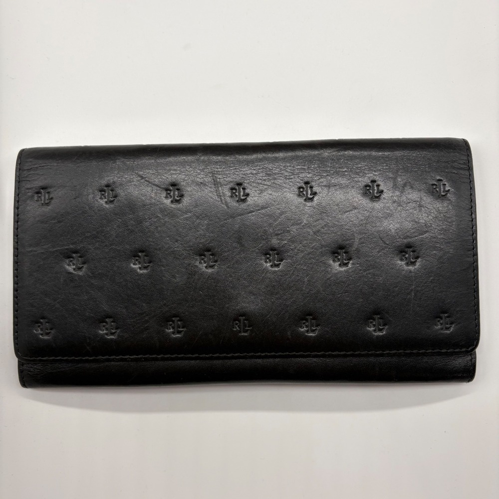 Lauren Ralph Lauren Black Leather RL Monogram Embossed Trifold Continenta Wallet